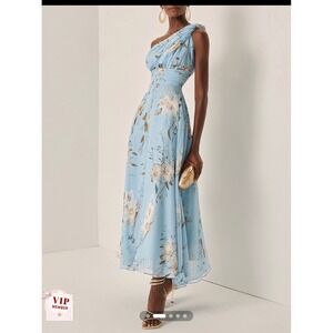 Fehaute Light Blue Floral Ruched Chiffon One Shoulder Sleeveless A-Line size 2
